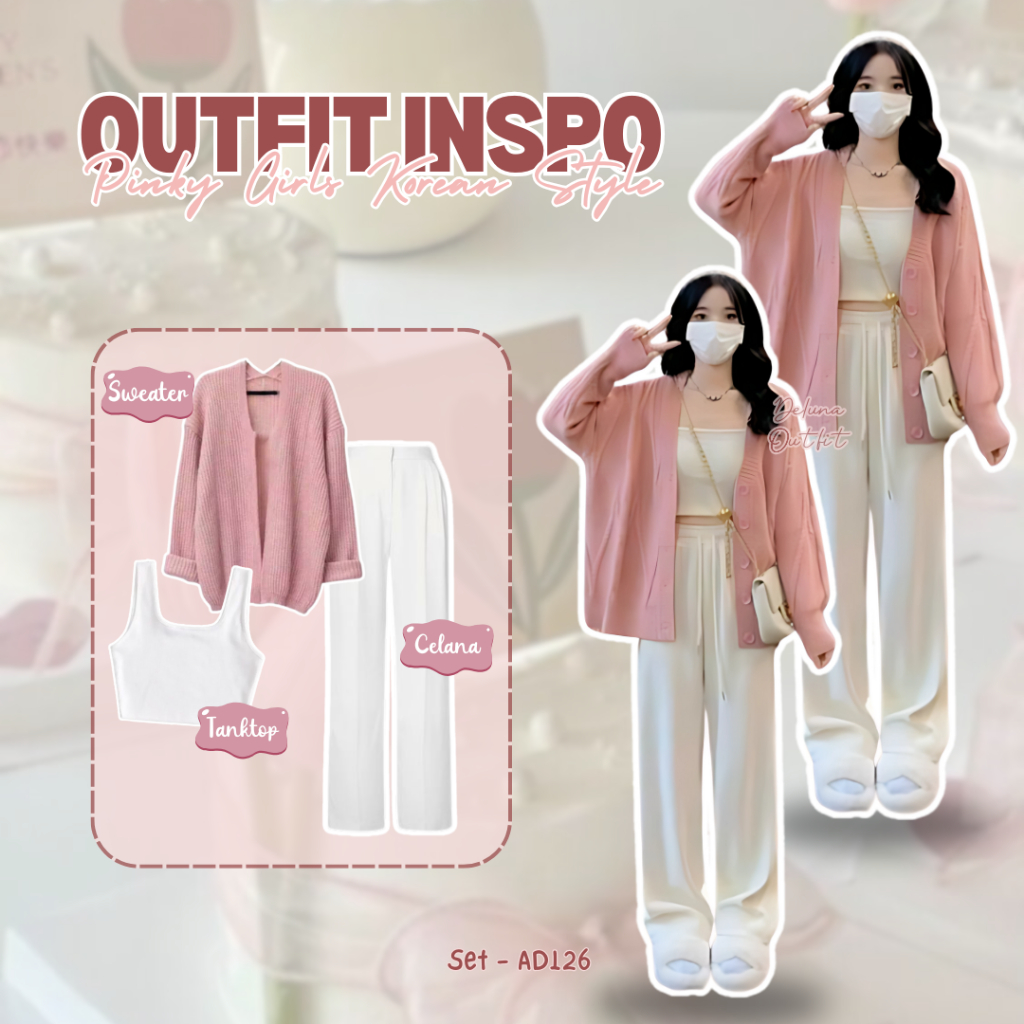 Deluna Outfit - 3 In 1 One Set Outfit kekinian korean Style Setelan Baju Wanita Kekinian Buat Daily 