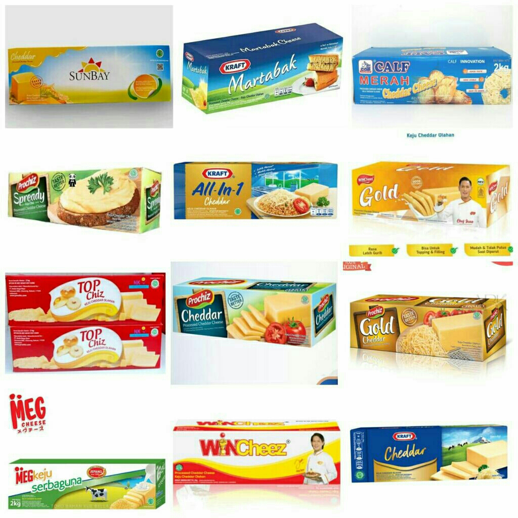 

KEJU BLOK 2KG (MEG/ TOPCHIZ/ CALF/ PROCHIZ/ KRAFT/ WINCHEEZ/ SUNBAY)/ CHEDDAR CHEESE/ Serbaguna/ Merah/ Gold/ Martabak/ Spready/ All in one