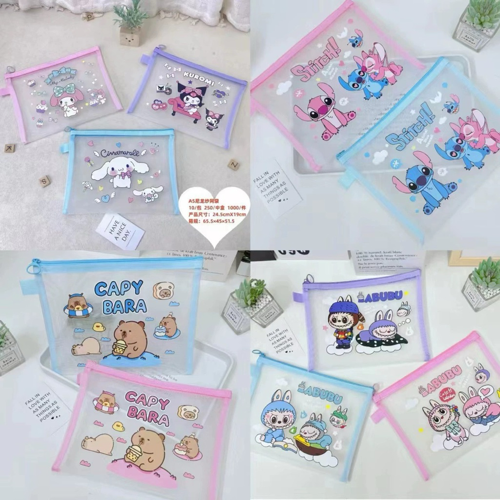 

Tas Map Zipper Jaring Karakter Lucu (Sanrio / Capybara / Labubu) – A4/B5