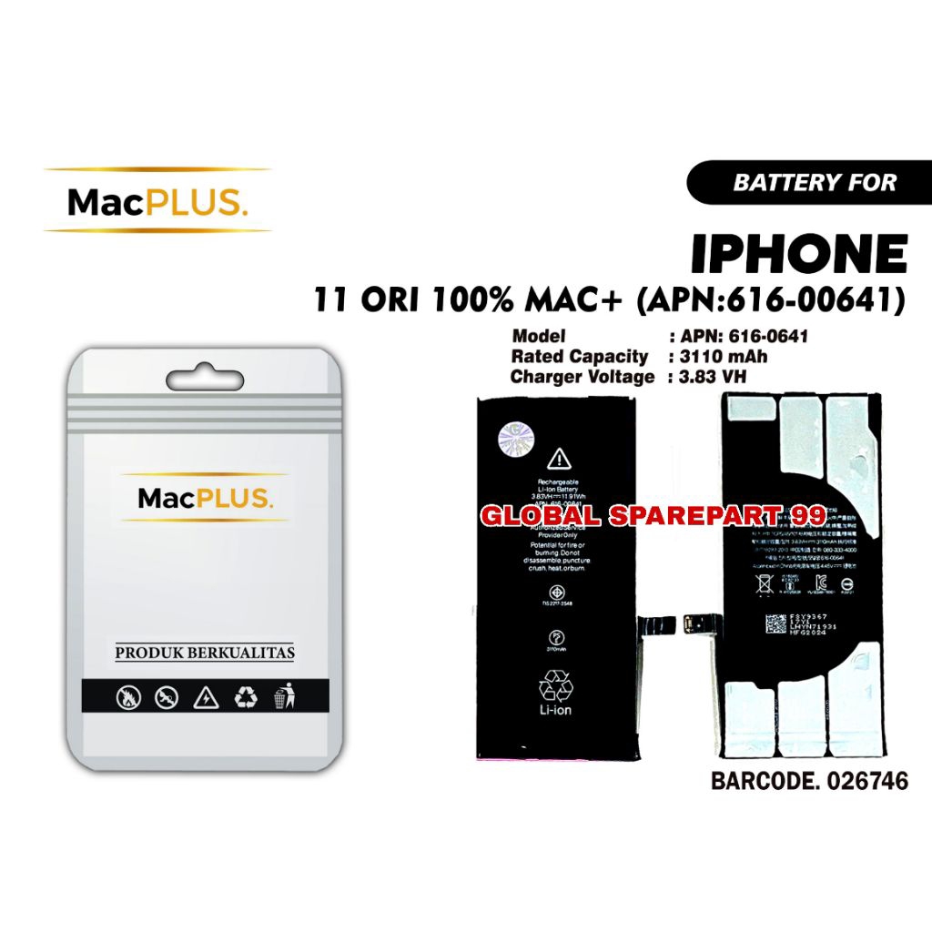 BATERAI (APN:616-00641) IPHONE 11 / IP 11 ORI 100% MAC+ BATERAI BATTERY BATRE
