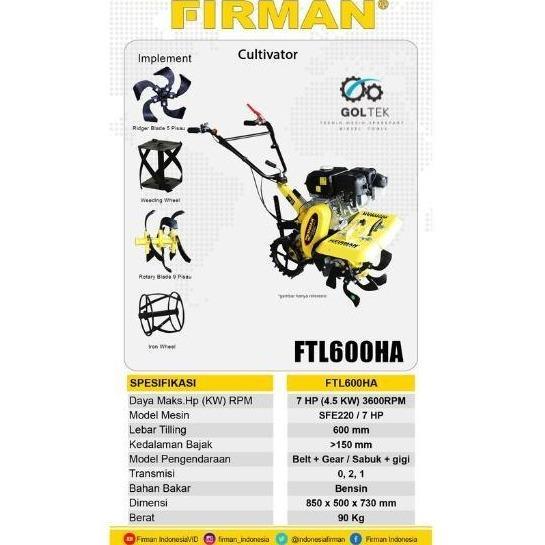 Tiller Firman FTL600HA | Cultivator | Mesin Pengolah Tanah | Bajak