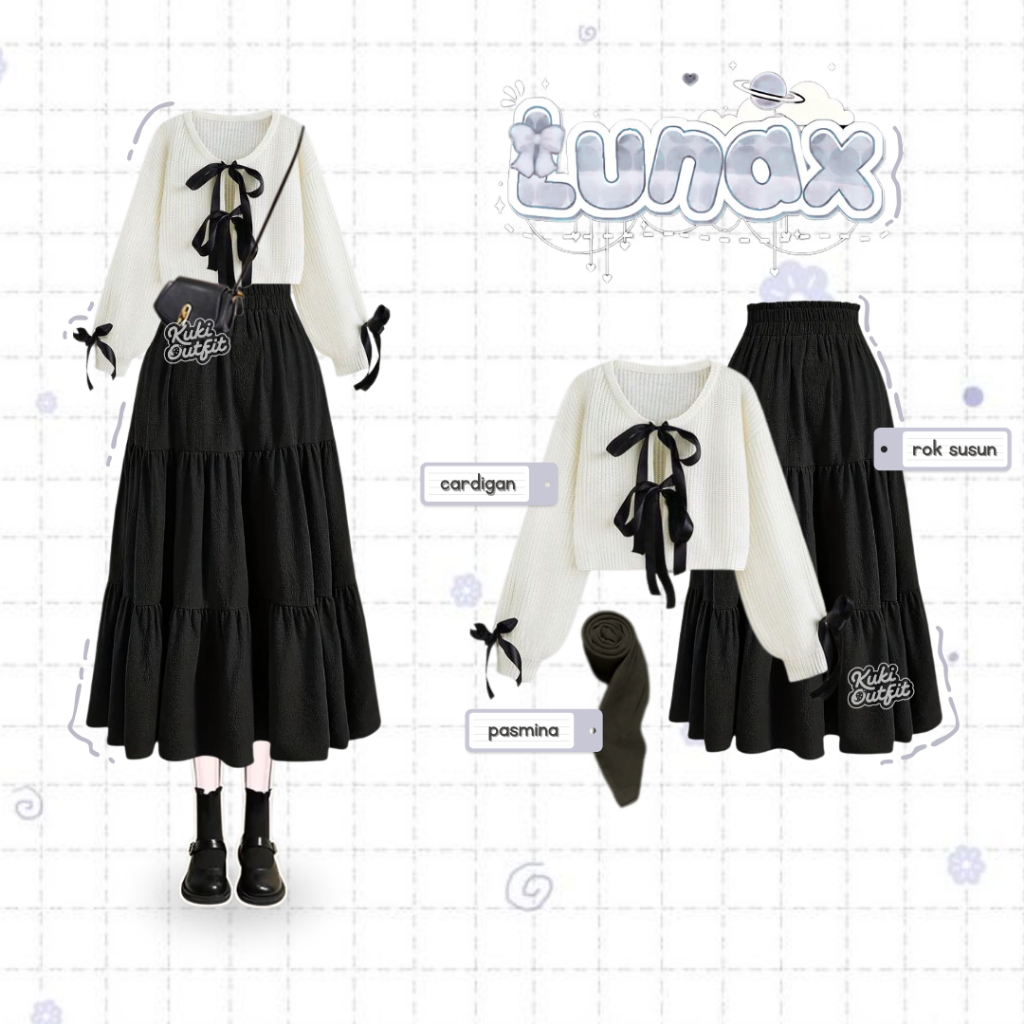 Luna Paket Ootd Oneset (Cardigan Ribbon, Rok, Hijab) Remaja Outfit Hijab Satu Set Rok - Kk240