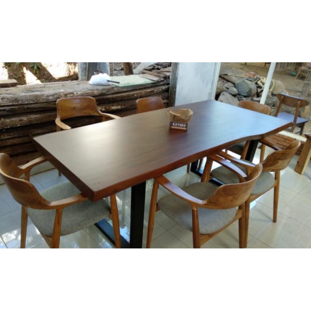 RAY set meja makan kayu trembesi, meja trembesi solid