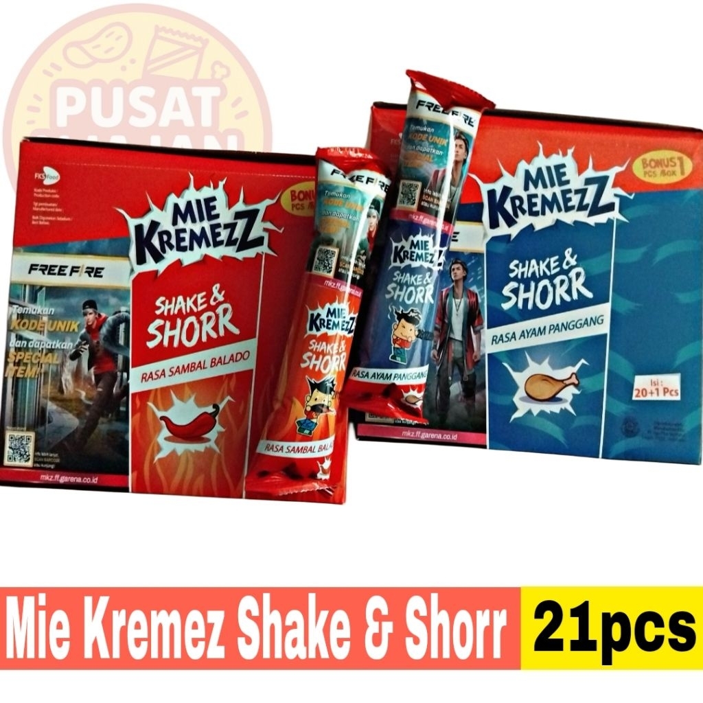 

Snack Mie Kremezz Shake & Shorr Box isi 20 + 1pcs Rasa Ayam / Balado