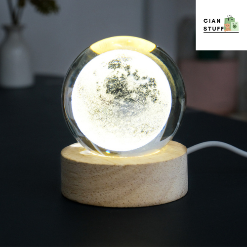 Lampu Tidur Bola Kristal 3D Lampu Meja Hias Warm White USB 3W Moon