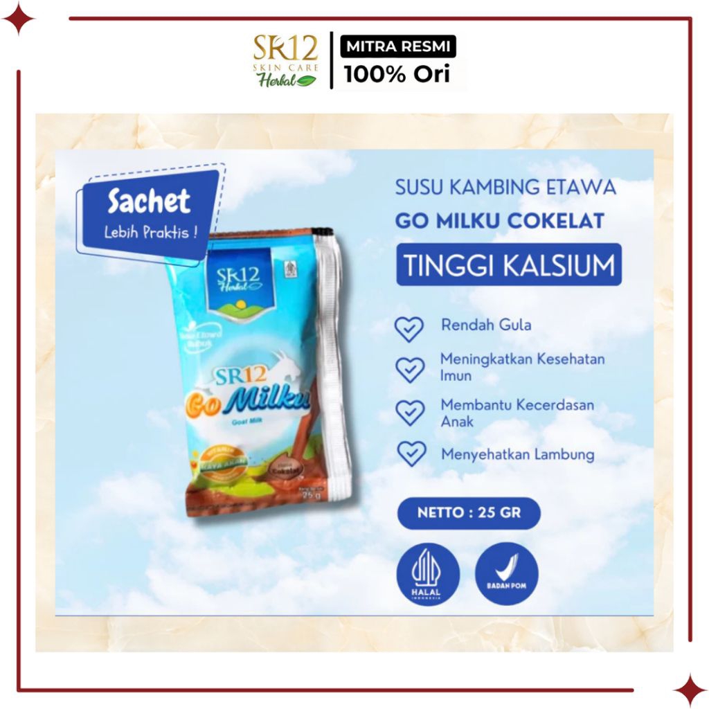 

SR12 Official Mitra - Go Milku Susu Kambing Etawa Rasa Coklat kemasan Sachet 25 gr - Membantu jaga imun dan kecerdasan otak anak serta menjaga kesehatan tulang - SR12 Reseller Riau - Pekanbaru - Sumatera