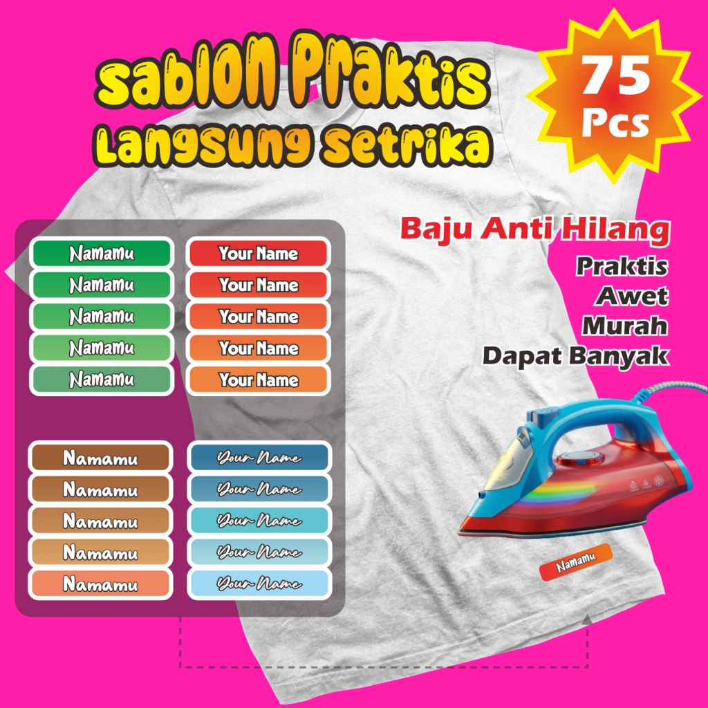 

75 Pcs Label Baju Nama Anak Custom Setrika Label Baju Label Custom Nama Baju Stiker Kain Baju