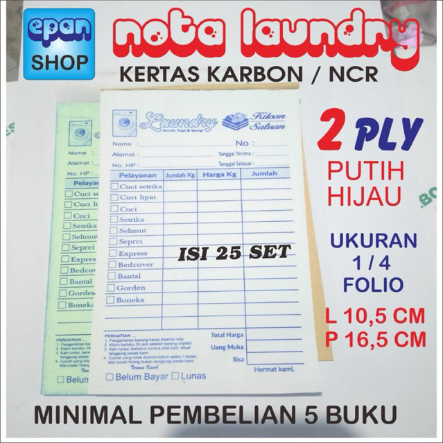 

Nota Laundry 2 ply ukuran 1/4 folio (10,5 x 16,5 cm) isi 25 set. Ready Stock