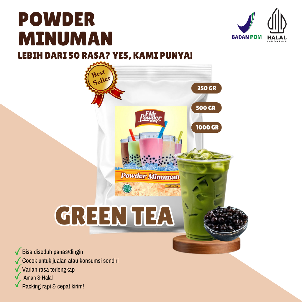

GREEN TEA FM Powder Drink - Bubuk Minuman Instan Varian Rasa Buah Kemasan 500gr dan 1000gr(BPOM&HALAL) Minuman Praktis, Harga Hemat, dan Rasa Fantastis