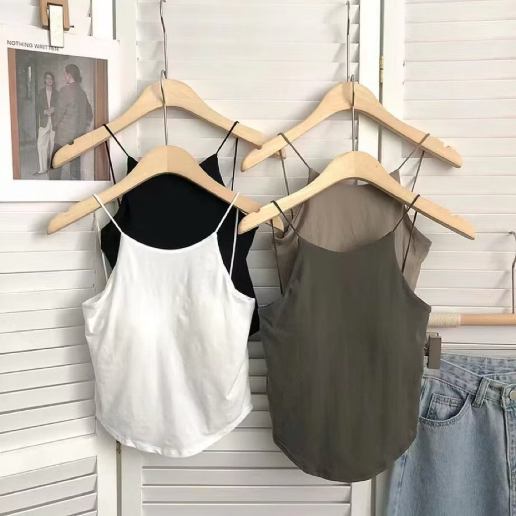 Tanktop Wanita Tali Kecil Elastis Tanpa Kawat With Bra Cup