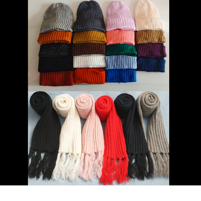 Set Kupluk dan Syal Polos Bromo Satu paket Topi Rajut Dieng Tebal Hangat Musim Dingin Pria Wanita Mu