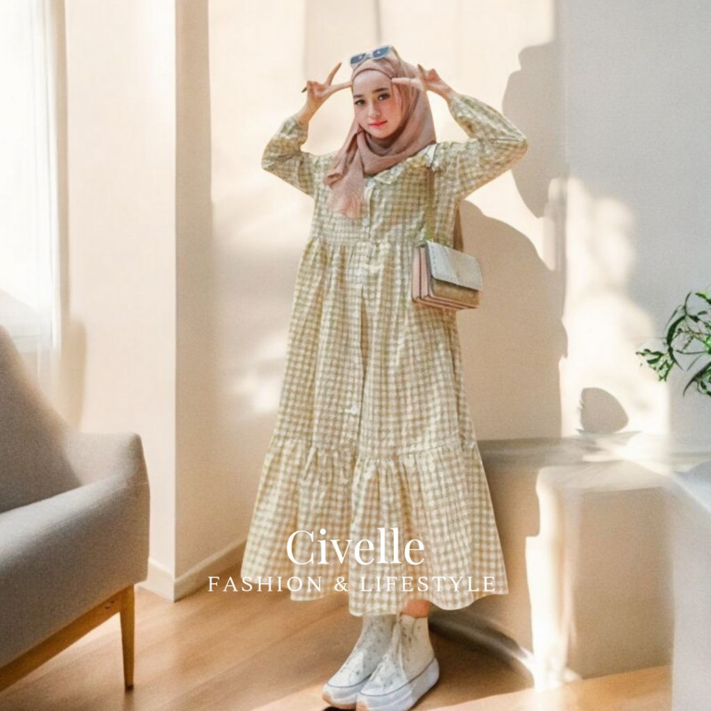 Midi Dress Tartan Kotak Bahan Teteron Cotton Lembut Ukuran Jumbo Ruffle Kancing Motif Casual Panjang