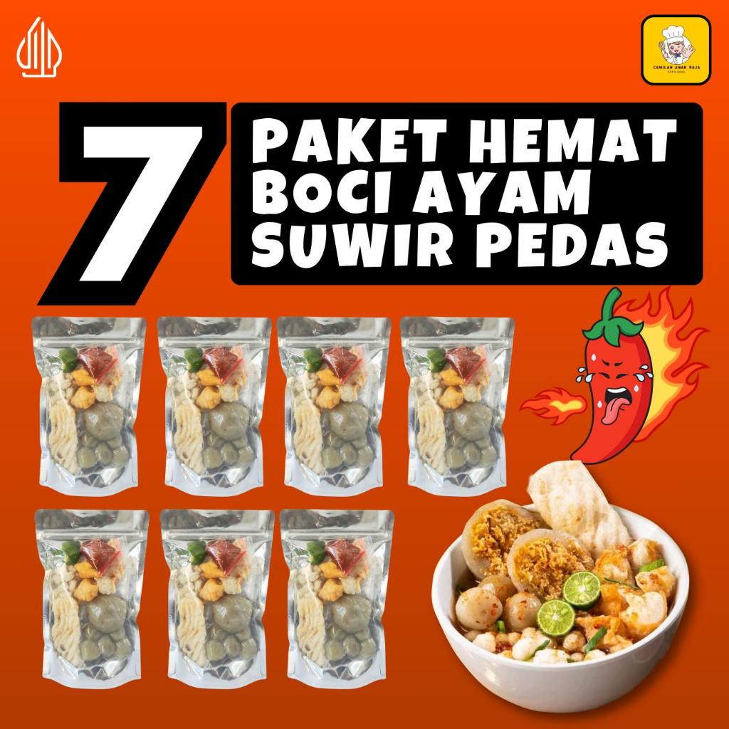 

Paket Hemat 7 Bungkus Baso Aci Ayam Suwir | Boci Pedas Komplit Isi Cilok + Cuanki