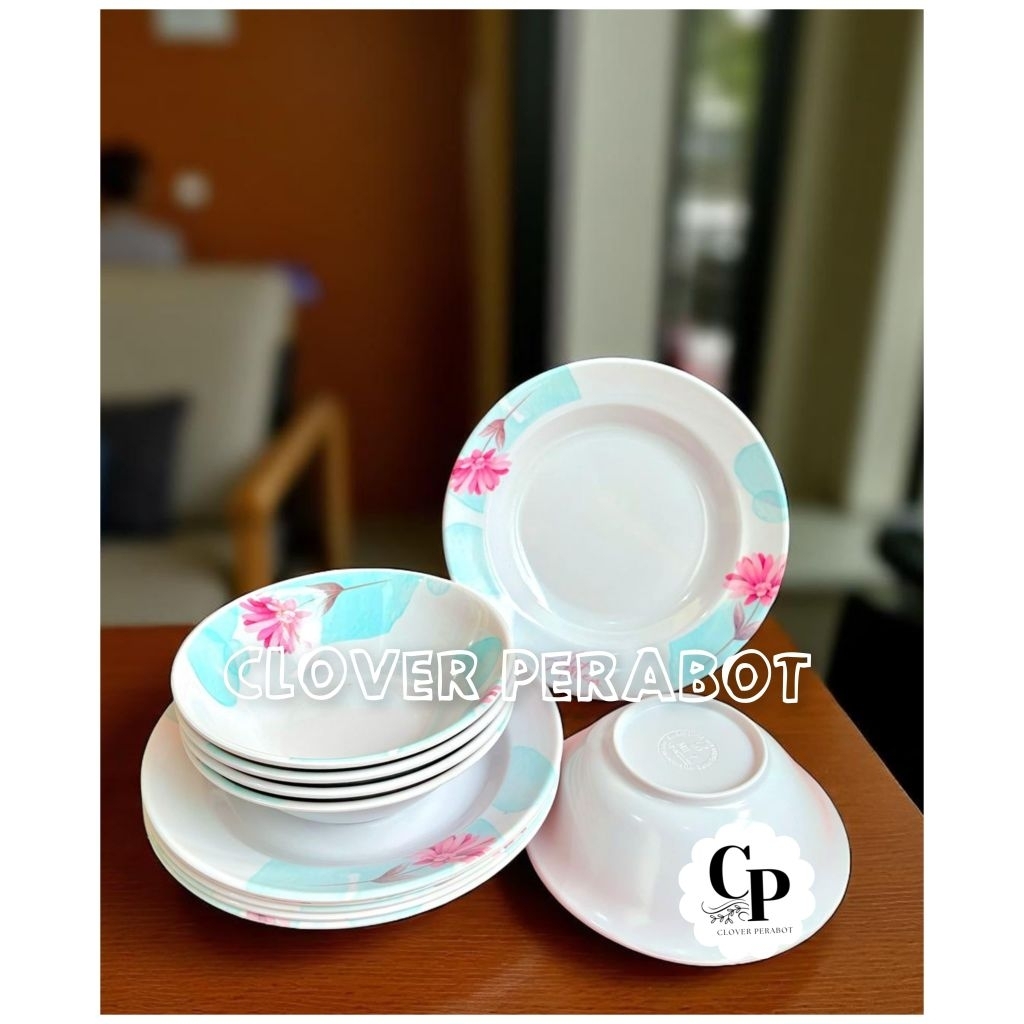 Gratis Ongkir Paket Set Melamin 1.Lusin Isi 6 Piring 6 Mangkok Melamin Motif Aster Ukuran 9 Inch Sni