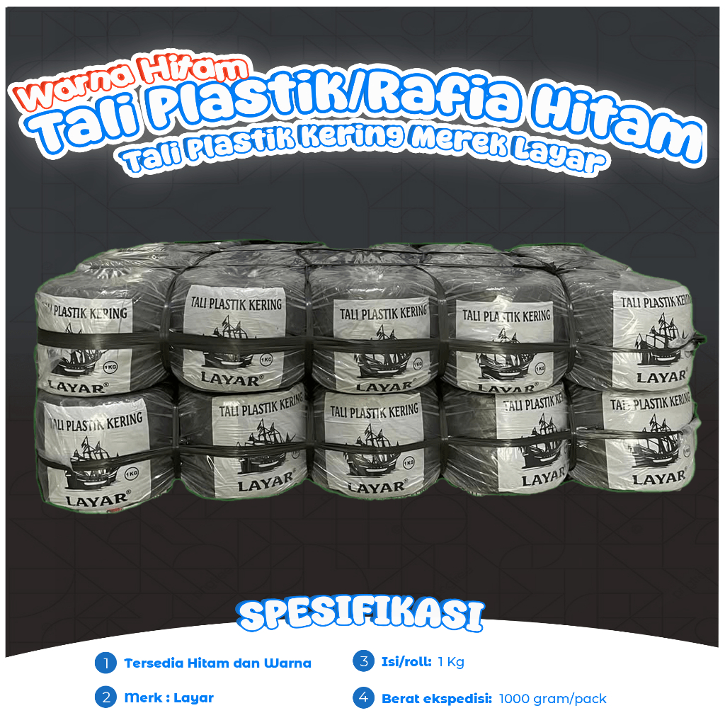 

Tali Rafia LAYAR Hitam , Warna Ukuran 1 KG / Tali Plastik Kering