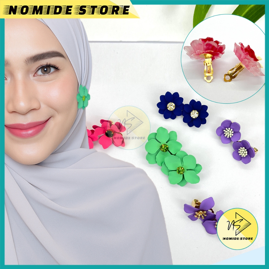 Anting Jepit Hijab Klip Wanita Model Bunga Mawar Lucu Aksesoris Kerudung Hijabers