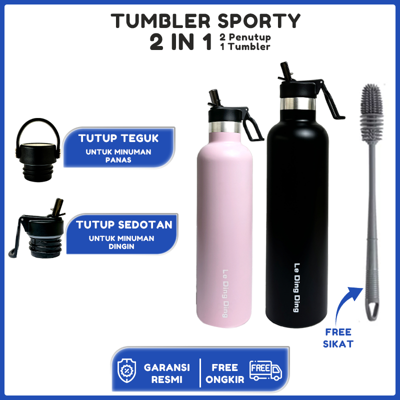 1Tumbler2 Penutup-Botol Minum 1 Liter Tumbler Stainless Vacuum Termos Tahan Panas Dingin 24 Jam