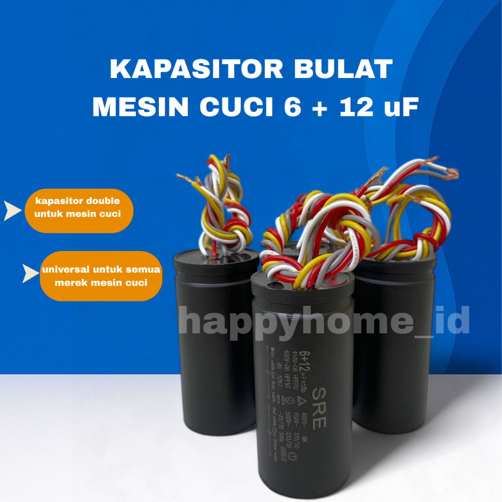 KAPASITOR BULAT MESIN CUCI 6+12 UF / CAPASITOR DOUBLE 6+12 MIKRO UNICON / SRE