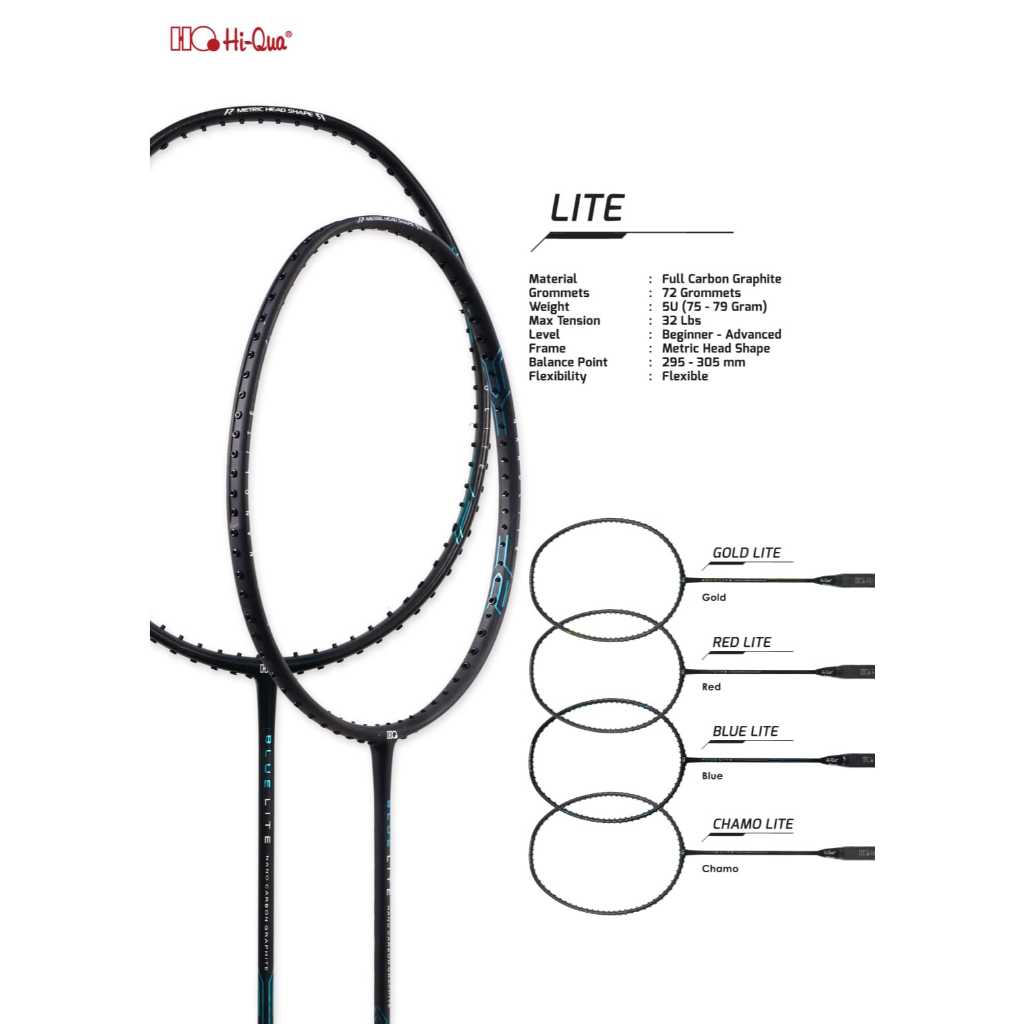 Raket Badminton HIQUA HI-QUA LITE 100% ORIGINAL (GOLD/BLUE/RED), Free Tas Serut + Grip