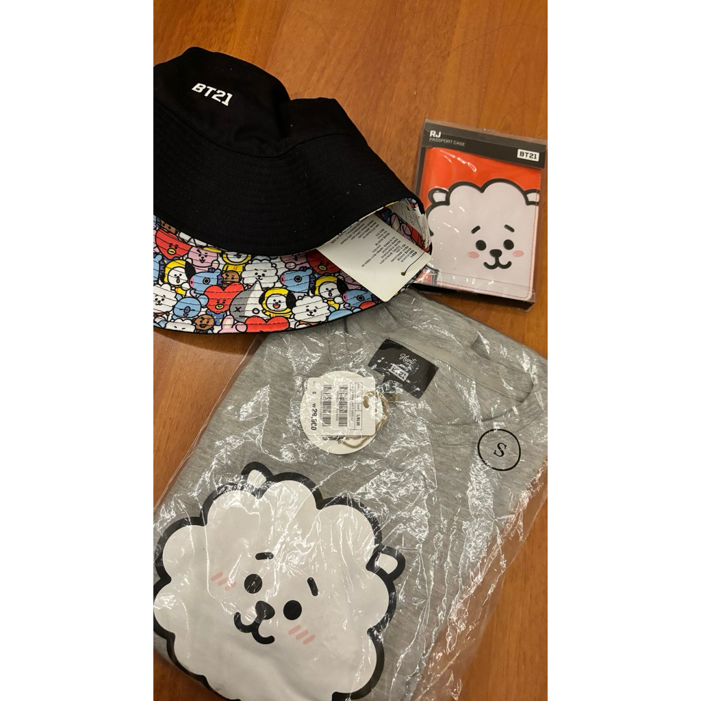 BT21 Official Merch Sealed Unused - Reversible Bucket Hat, RJ Tshirt & Passport Case