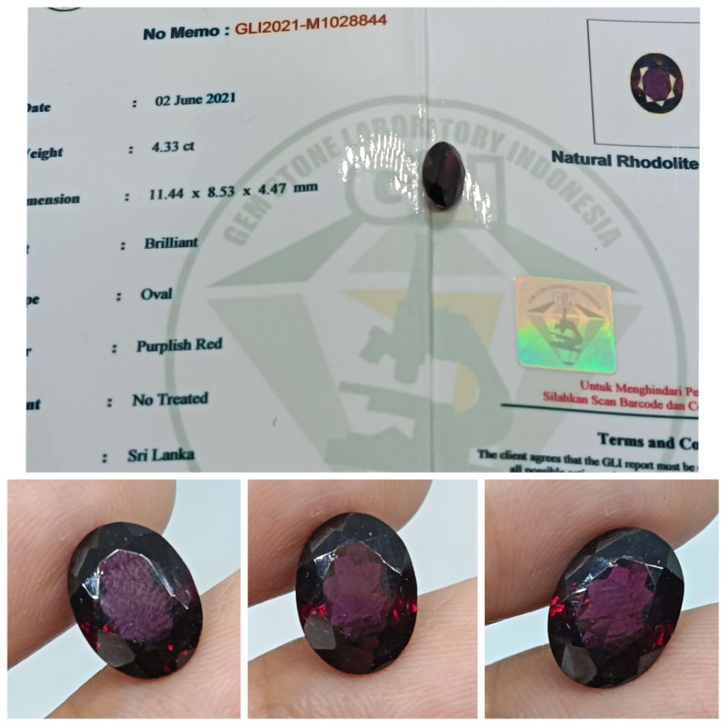 Natural Purplish Red Rhodolite Garnet 4,3 ct NTD memo GLI