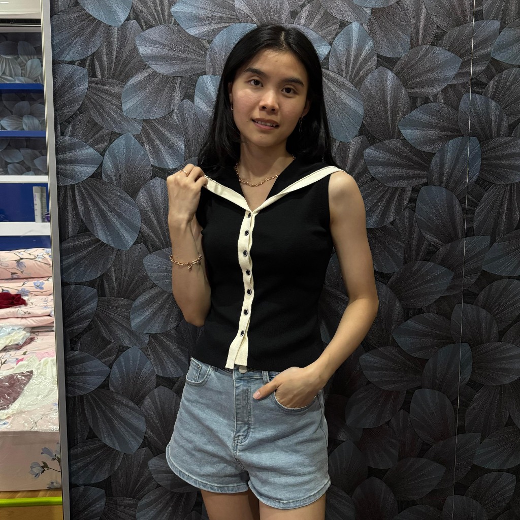 Yipao 732 Blus Tunik Hitam Salur Putih Tanpa Lengan Wanita