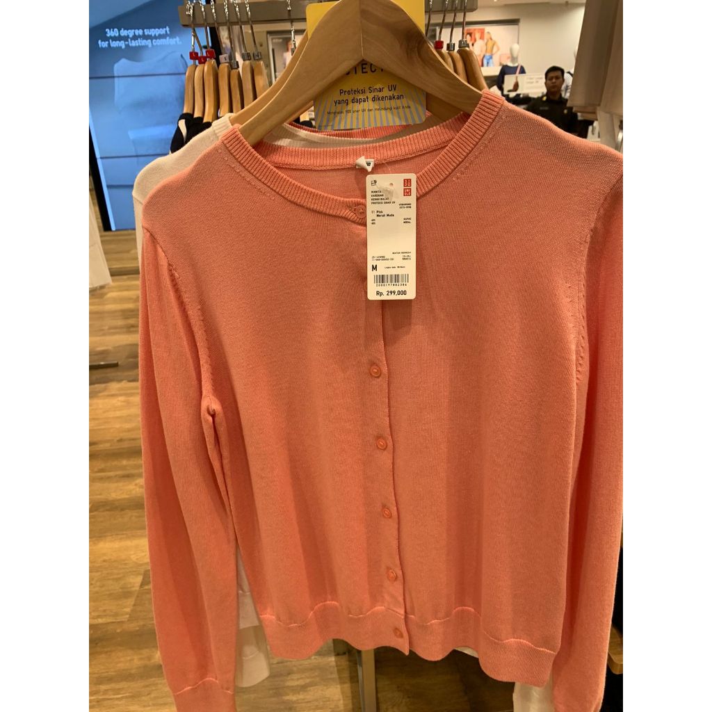 Cardigan UNIQLO Original Jastip UV Protection Wanita Crew Neck Putih Pink Garis S-L Nyaman