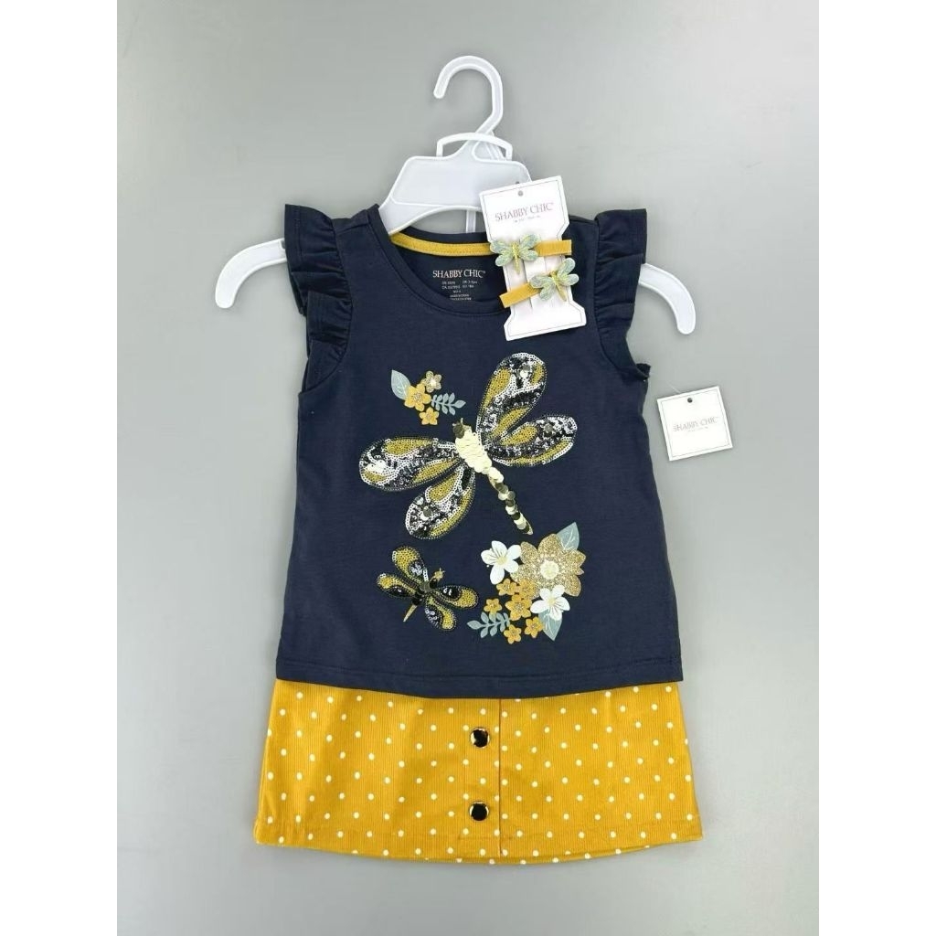 Setelan anak perempuan premium import | Motif sequin capung | kaos dan rok baby corduroy| size 4 ke 