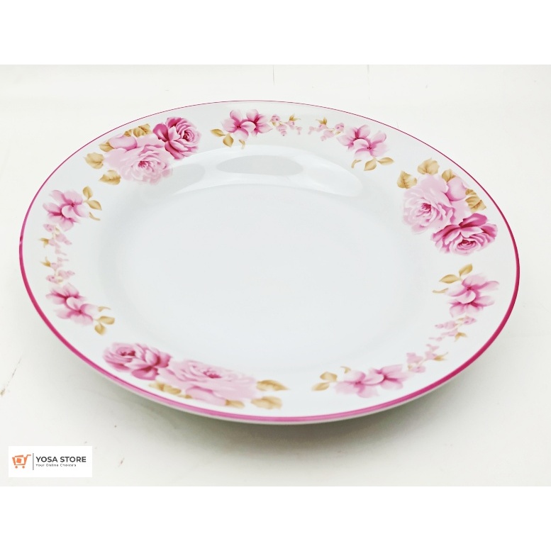 Piring Makan Cekung Keramik Tebal Motif Shabby Pink Rossie 9inch - 1 Pcs Kedaung Home
