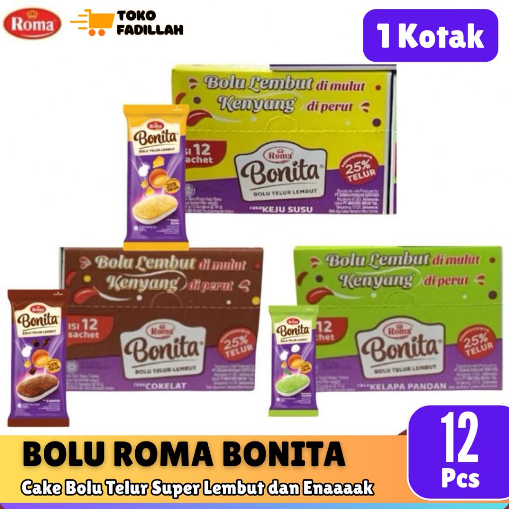 

Roma Bonita Bolu Telur Lembut Box isi 12 pcs - Cokelat / Keju / Pandan