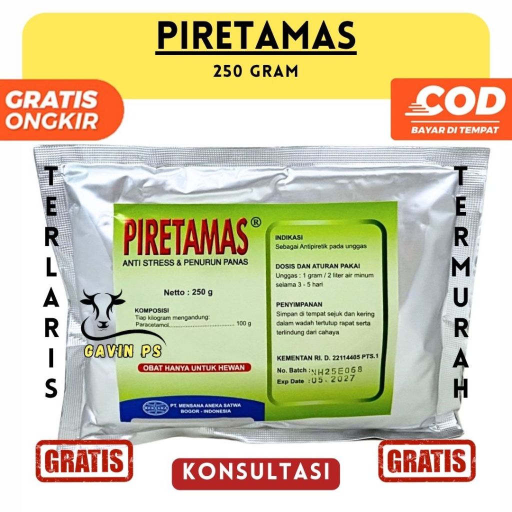PIRETAMAS 250 GRAM – Mensana - Paracetamol Unggas Ayam Vitamin C Sorbitol Penurun Panas Gumboro CRD 