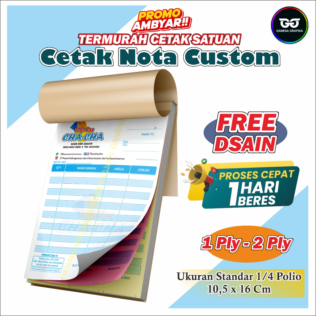 

PROMO cetak nota custom murah 1 ply 2 ply ukuran sedang 1/4 Folio GANESA GRAFIKA