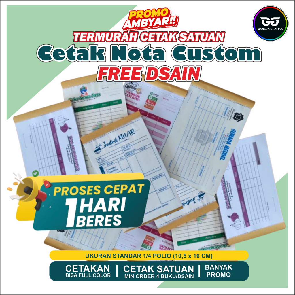 

PROMO CETAK NOTA CUSTOM 2 PLY UKURAN SEDANG 1/4 FOLIO GANESA GRAFIKA