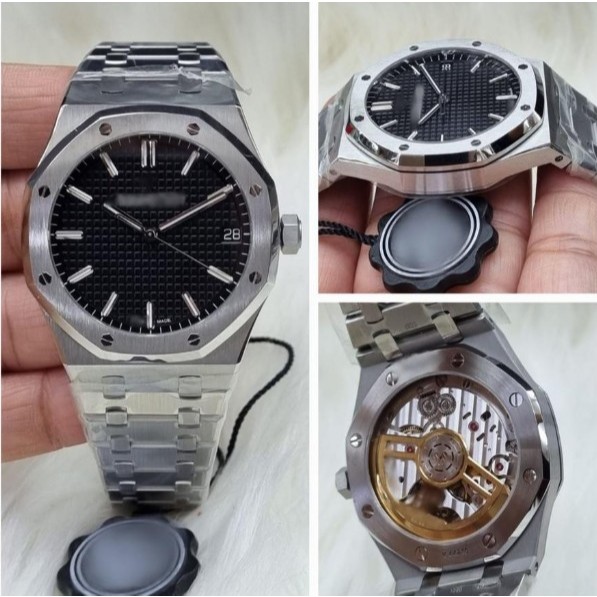 JAM TANGAN AUPIGE ROYAL OAK INSPIRED BLACK WAFFLE DIAL 41MM SILVER CHAIN SUPER THIN ZF AP THIN FULL 