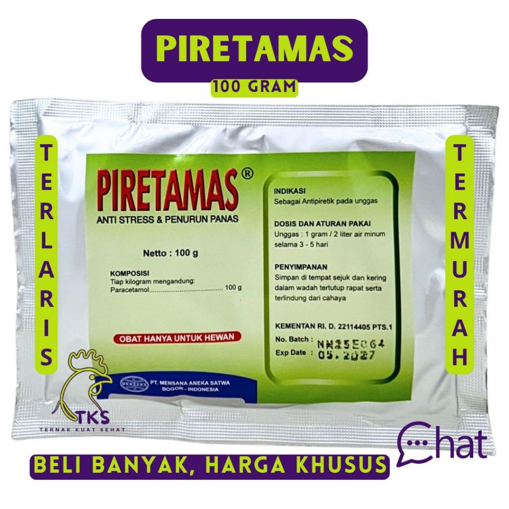 PIRETAMAS 100 GRAM – Mensana - Paracetamol Unggas Ayam Vitamin C Sorbitol Penurun Panas Gumboro CRD 
