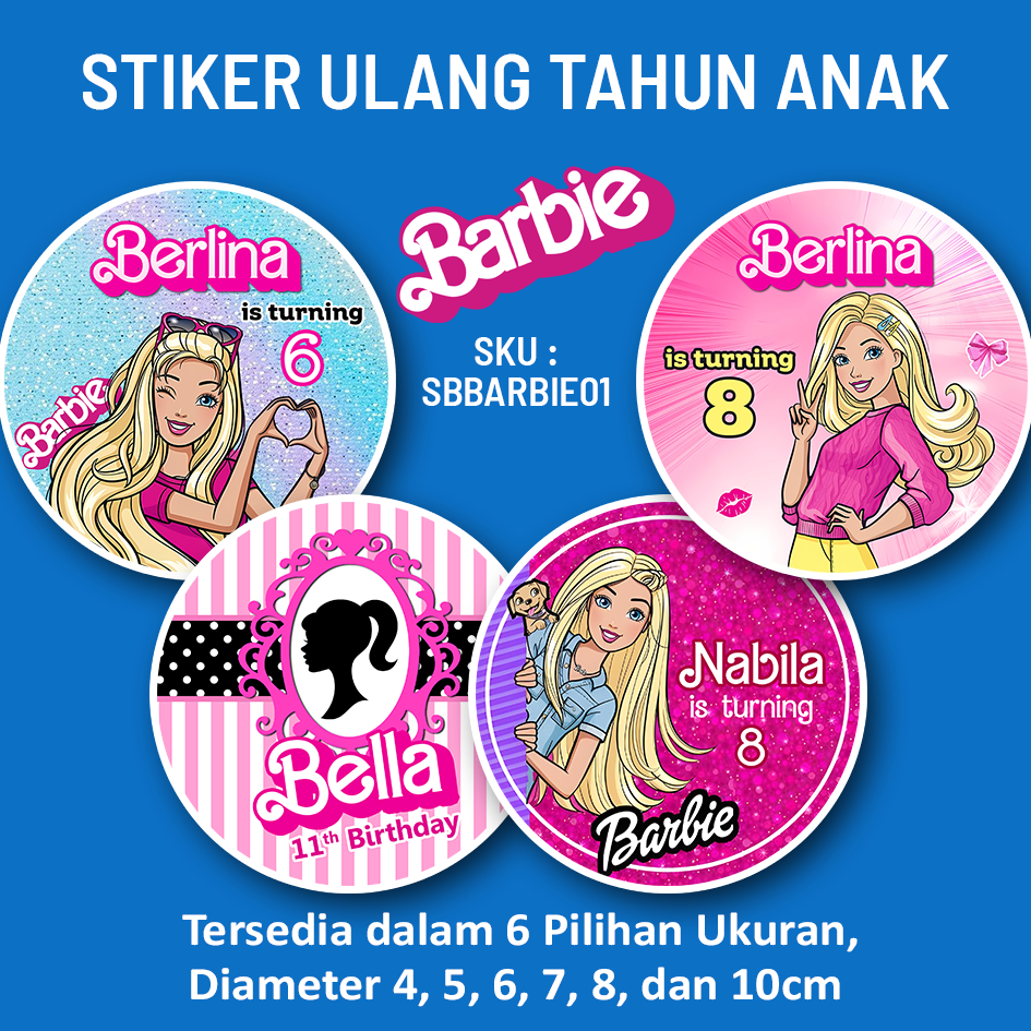 

STIKER ULANG TAHUN ANAK BARBIE STICKER LABEL BINGKISAN SOUVENIR KEMASAN KOTAK NASI BOX KUE MAKANAN HEMPERS