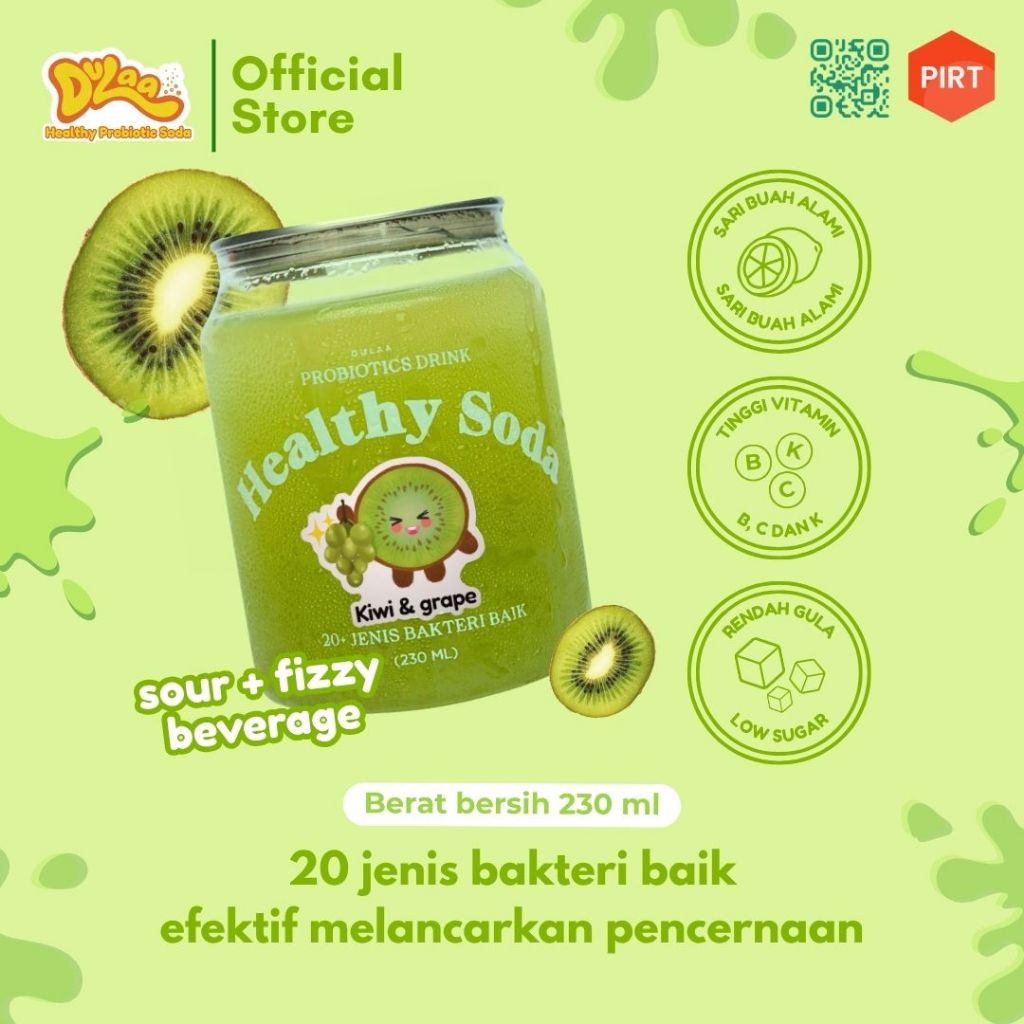 

Probiotik Water Kefir Healthy Soda Dulaa | Minuman Sehat Detox Juice Soda Sari Buah Kiwi 230ML