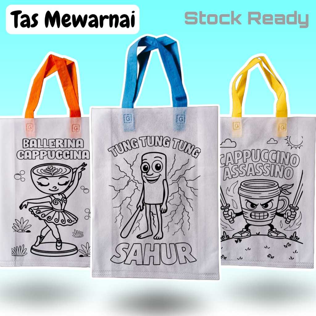 

(isi 12 PCS)Tas Mewarnai Anak ukuran 25x35 (TALI MIX WARNA)Tas Kain spunbond Harga per Lusin