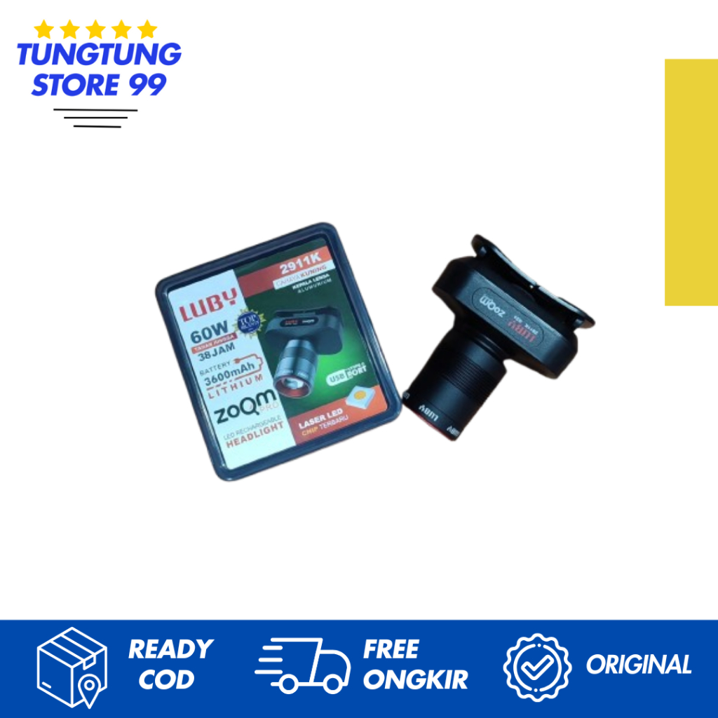 Senter Kepala Zoom LED Luby L-2911K 60 Watt Warna Kuning/Headlamp Luby 60 Watt Warna Kuning Recharge