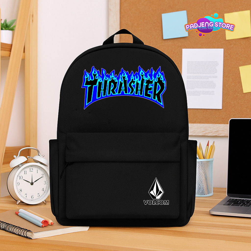 TAS RANSEL HITAM ANAK SEKOLAH SD SMP SMA THRASHER VOLCOM KUALITAS PREMIUM