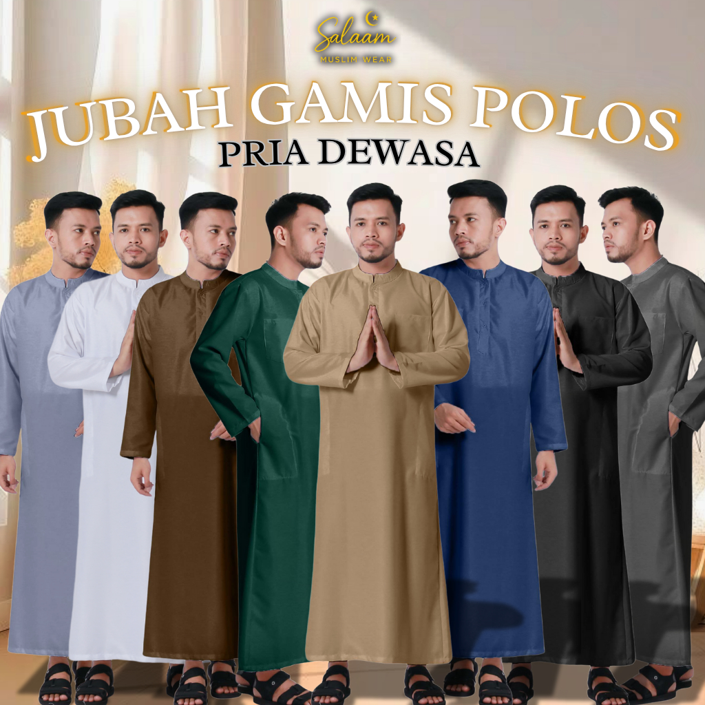Jubah Gamis Pria Dewasa Polos Toyobo – Putih Hitam Abu Coklat Navy | Baju Muslim Lengan Panjang