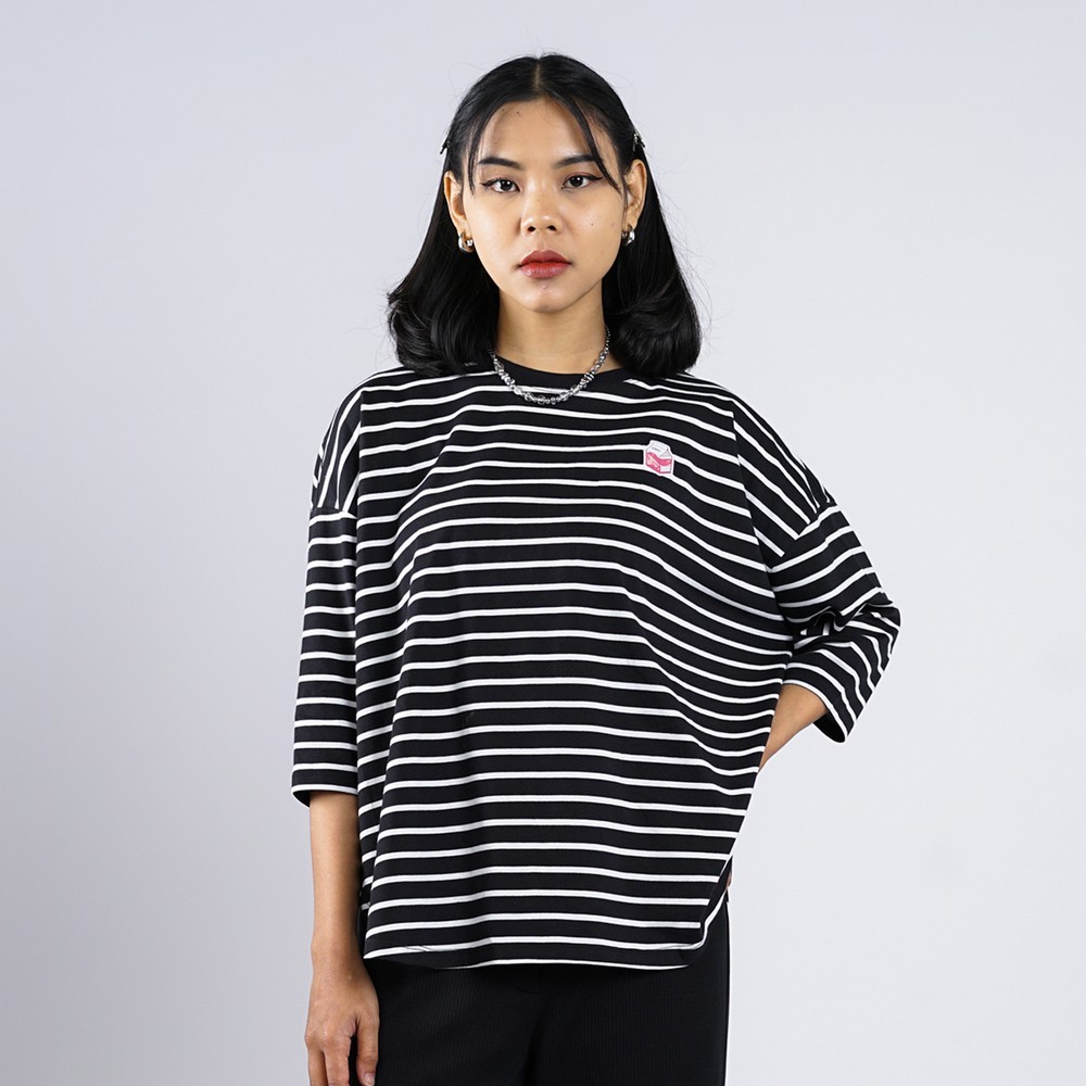 3Second Kaos Garis Wanita Lengan 3/4 Boxy Fit Stripe Tee Villa HP-C080425