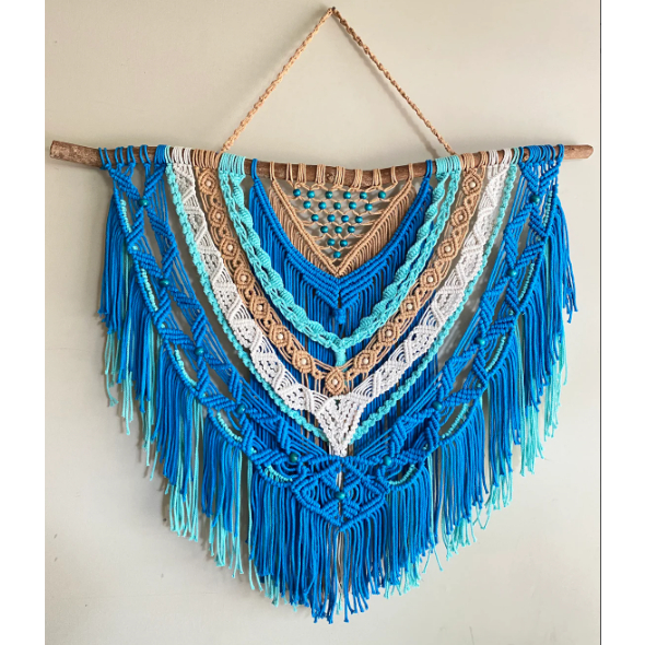 Hiasan dinding macrame besar dekorasi dinding macrame biru latar belakang macrame besar macrame hias