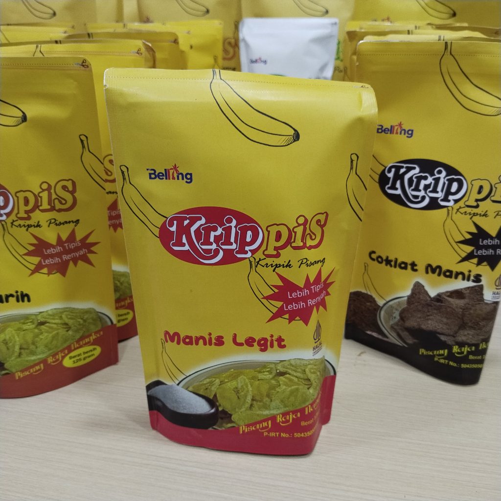 

Krip pis Krippis Kripik Pisang Belling varian Manis Legit, Asin Gurih, Original Plain, Cokelat Manis
