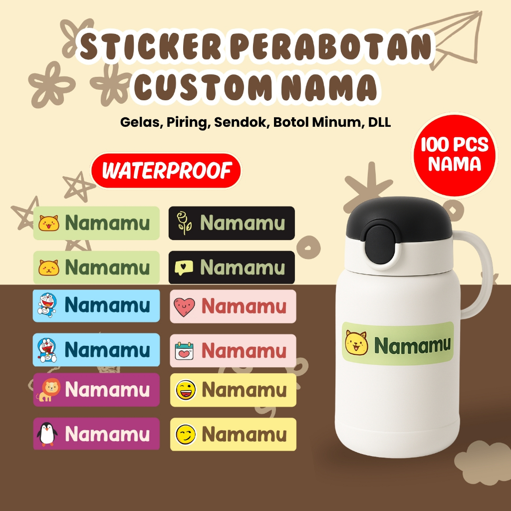 

100Pcs Sticker Custom Nama Piring Sendok Botol Barang Perabotan Stiker Ajaib Waterproof Timbul Label