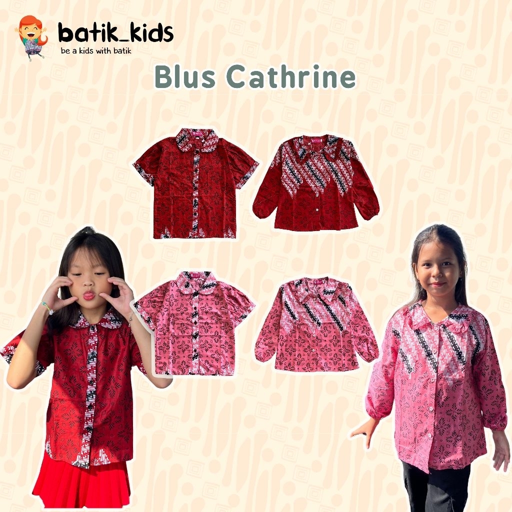 Blus Batik Anak Cathrine Lengan Panjang Lengan Pendek Berkerah Berkancing Merah Bata Pink
