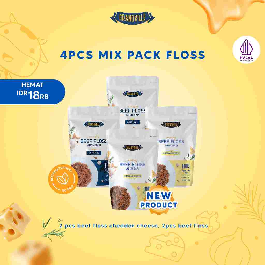 

4Pc Grandville Abon Mix Sapi Cheddar Cheese [2Pc] & Sapi Original [2Pc] Crunchy Halal - Aman untuk anak usia MPASI