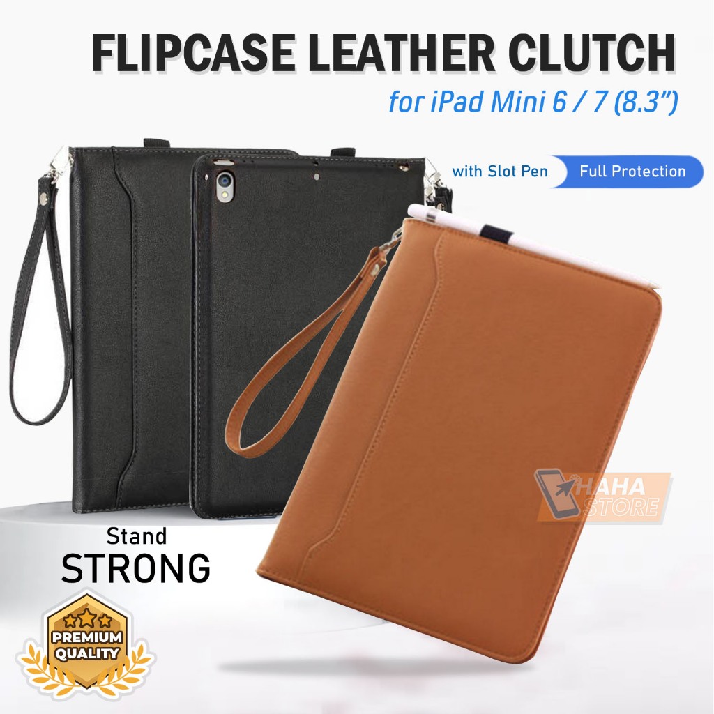 Sleeve Clutch iPad Mini 6 / 7 8.3 inch Hand Bag Tas Case Leather with Stand Casing Premium Strap Tan