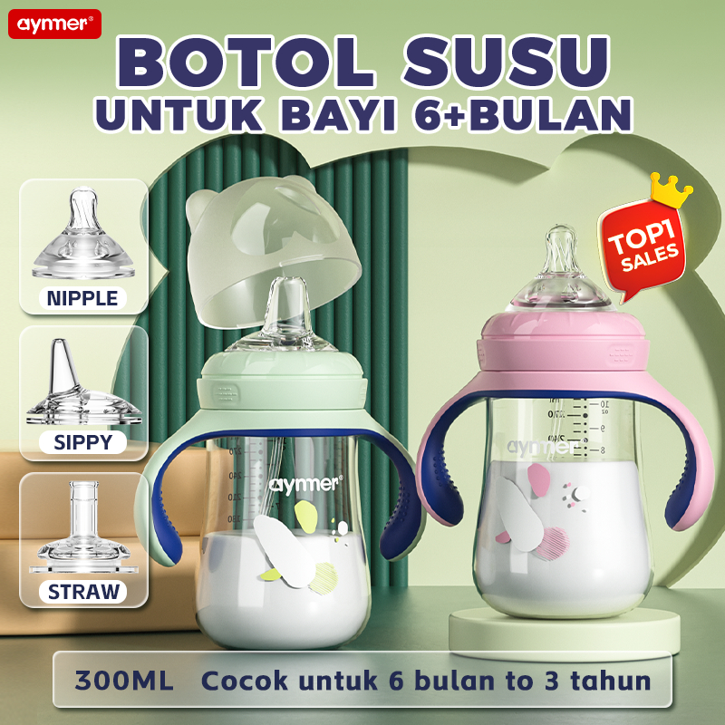 Aynmer Botol Susu Bayi 3 in 1 Wide Neck 300ML Training Cup Botol Susu Anak Botol Minum Bayi PP Anti 