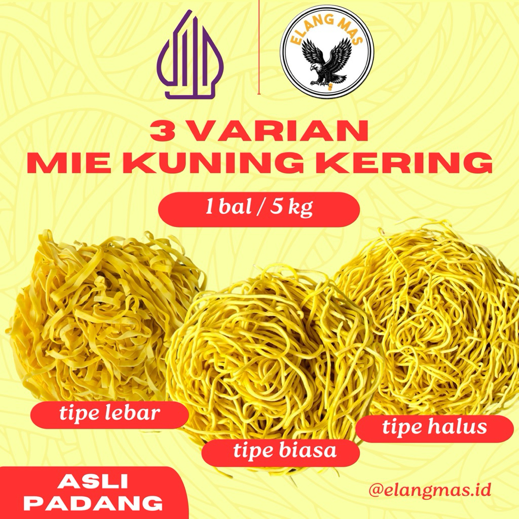 

Mie Kuning Kering 3 Varian (1bal / 5KG)Asli Padang Merek Elang Mas Grosir